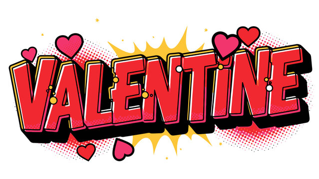 Valentine's Day graphic with a red and pink comic-style text and hearts.