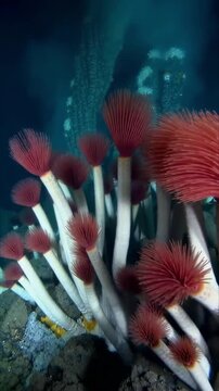 Vibrant giant tube worms thriving in the extreme depths of the ocean at a hydrothermal vent
