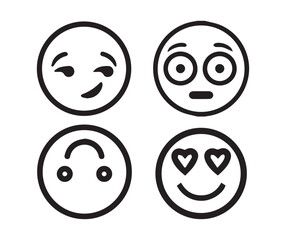 Variety of black and white emoticons vector set, winking, surprised, upside down, and heart eyes expressions