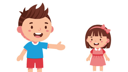 A cartoon illustration of a boy gesturing towards a smiling girl, both with cheerful expressions.