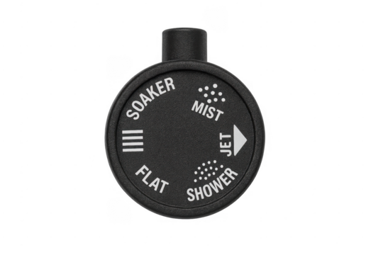 Black plastic spray nozzle dial choosing spray patterns