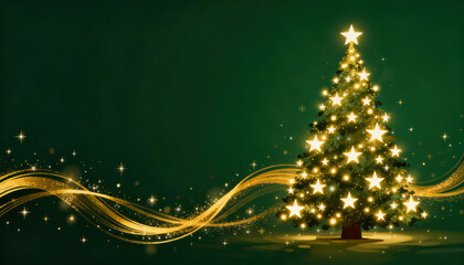 Magical golden christmas tree with glowing star light on festive green background. joyful holiday season sparkle