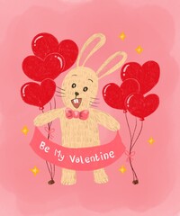 Cute Rabbit Red Heart Balloons Valentine 