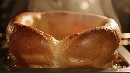 Golden Yorkshire Pudding Rising in Oven A Traditional British Delight Homemade Baked to Perfection Crispy Edges Soft Interior Culinary Art Comfort Food Baking Process CloseUp View.