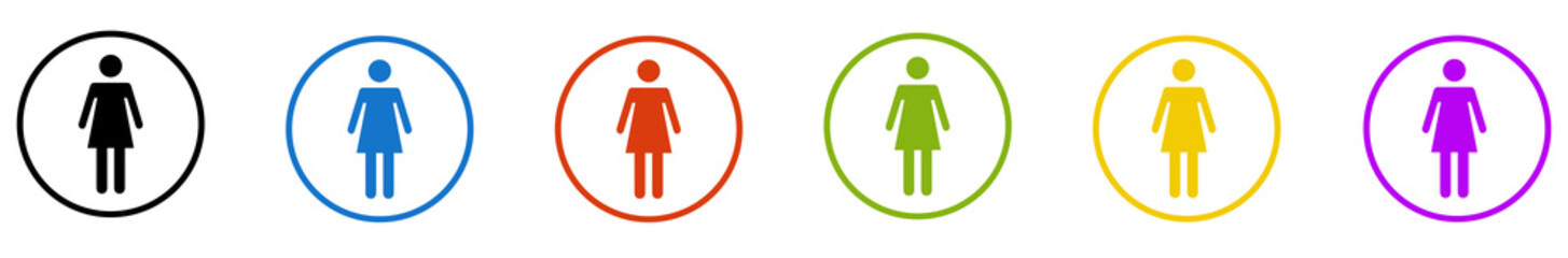 Banner mit 6 farbigen Icons im Kreis: Frau