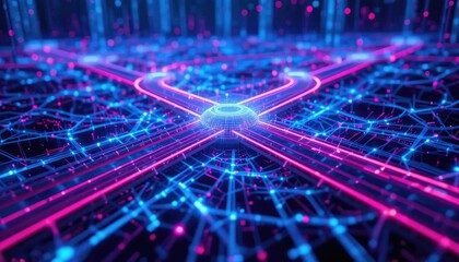 Futuristic Digital Network Grid Visualizing Complex Data Flow and Interconnected Cyber Information Systems