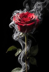 Red rose wrapped in smoke swirl on black background