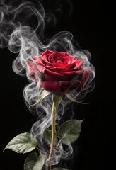 Red rose wrapped in smoke swirl on black background
