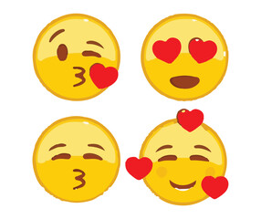 Collection of four yellow emoji faces with love and kissing expressions, depicting affection and joy