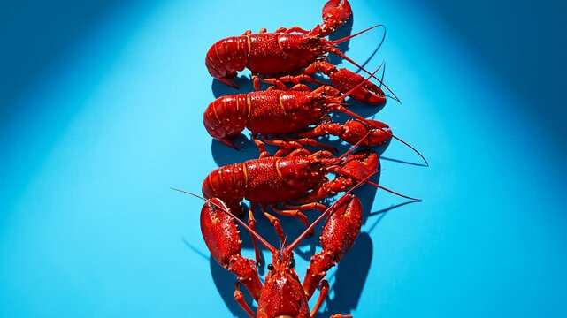A stack of red lobsters on a blue background.