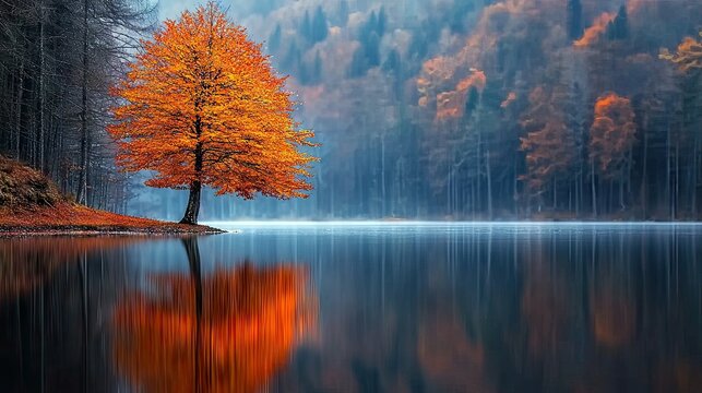 A vibrant orange tree stands beside a calm lake, its reflection mirroring in the water. The scene is set in a misty forest during autumn. - Powered by Adobe