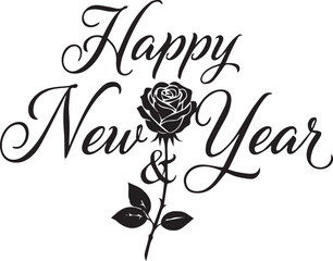 Elegant Happy New Year Calligraphy with Black Rose Icon