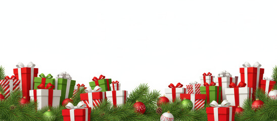 Festive christmas border background with red and green gift box decoration and ornament for happy holiday celebration