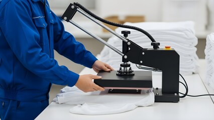 Worker using a heat press machine to print designs on white tshirts in a textile factory.