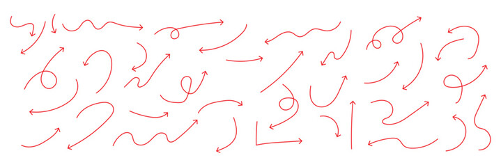 Squiggly arrows doodle set. Curve and Spiral comic symbols in sketch style. Hand drawn vector illustration isolated on white background