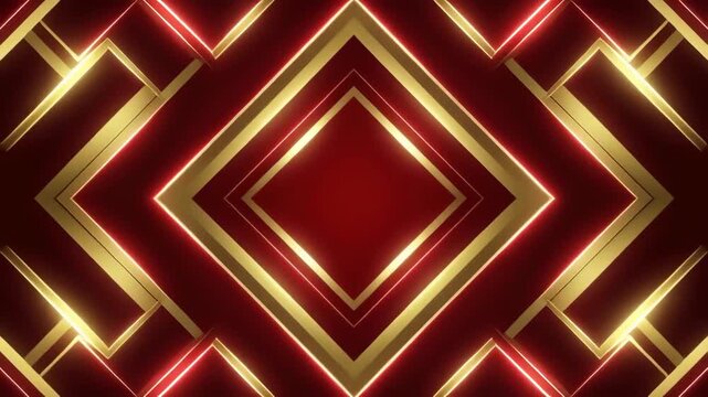 Glamorous Art Deco inspired design featuring a symmetrical geometric pattern with glowing golden and red neon lines on a luxurious backdrop