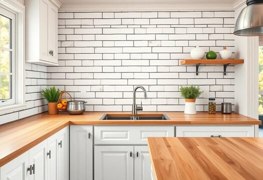 Classic white subway tile kitchen backsplash with light wood countertop, room, stock photo