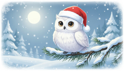 Cute white owl bird with red santa hat perches on snowy branch during peaceful winter christmas night scene