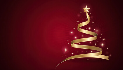 Elegant golden ribbon christmas tree with magical star and sparkle on red background festive and modern greeting card