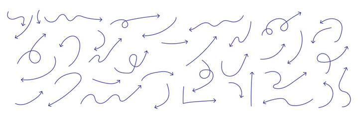 Squiggly arrows doodle set. Curve and Spiral comic symbols in sketch style. Hand drawn vector illustration isolated on white background