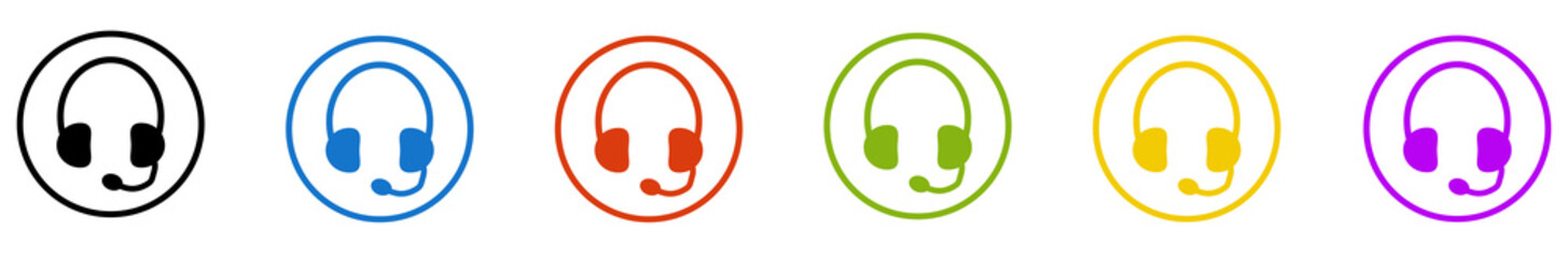 Banner mit 6 farbigen Icons im Kreis: Headset oder Kopfhörer