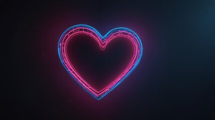 Neon heart glowing with vibrant pink and blue light against a dark background, symbolizing love and passion.