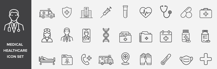 Healthcare icon set. Essential medical line icons covering various health and wellness aspects for applications websites and digital presentations