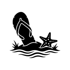 Silhouette of a summer beach with flip-flop and starfish on sand.