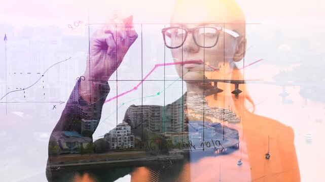 Double exposure of a business woman draws various growth charts