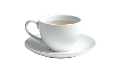 A simple white cup of tea sits on a matching saucer