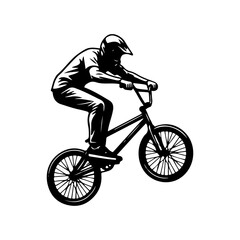 Fototapeta premium Silhouette of a bmx cyclist performing a high jump stunt. 