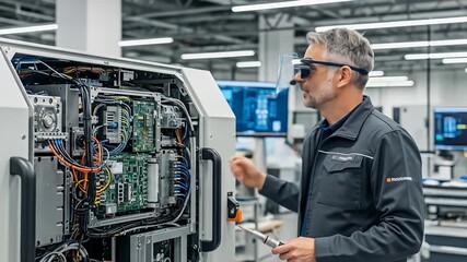 Engineer working on a machine with augmented reality glasses.