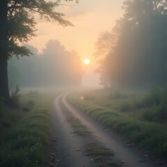 Foggy pathway with sunrise and trees in a peaceful countryside  