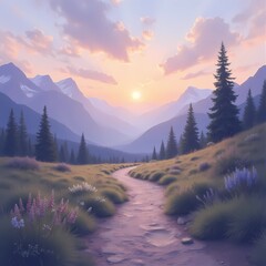 Serene mountain landscape with sun setting over a winding path  
