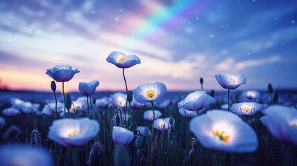 Obraz premium Enchanting twilight scene with a vibrant rainbow arching gracefully over a fantastical field of glowing white poppies under a star-dusted, magical sky
