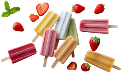 Refreshing Popsicles and Berries: A colorful arrangement of vibrant popsicles and fresh strawberries, inviting indulgence in a delightful summer treat.