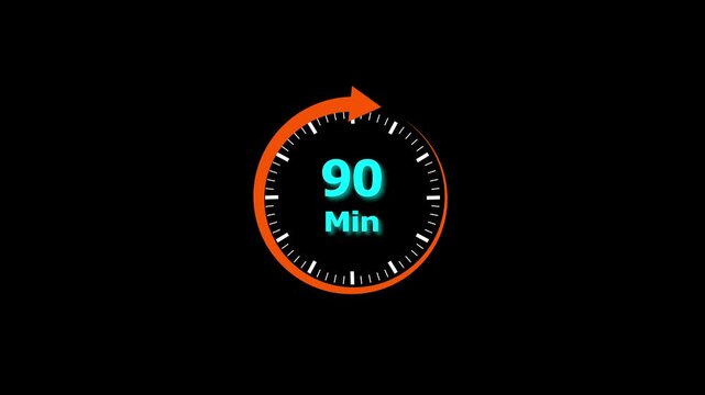 Animation video timer icon with 90 min. timer 90 minutes countdown icon. motion graphic arrow Clock 90 minute icon, white background 4k video animation	