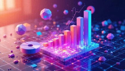 A conceptual representation of business growth and data analysis with vibrant neon 3D graphics and charts