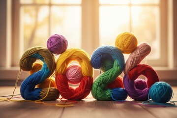 Colorful yarn balls arranged to form the number 2026
