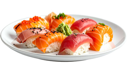 Assorted nigiri sushi on a white plate, close up and brightly lit