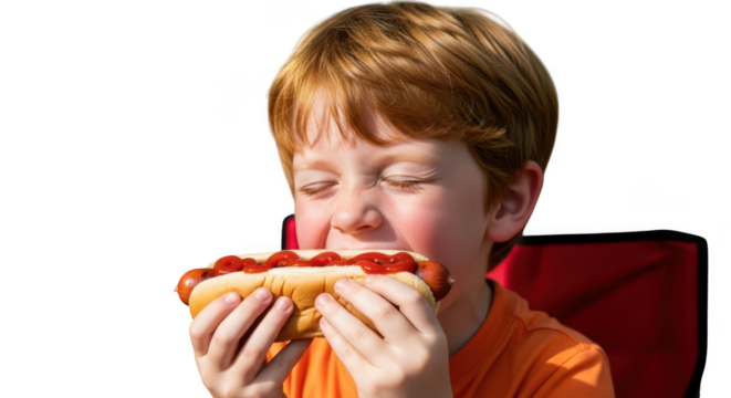 Young redhead boy enjoying a delicious hot dog topped with ketchup isolated on transparent background