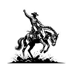 Silhouette of a western cowboy riding a bucking horse in rodeo competition.