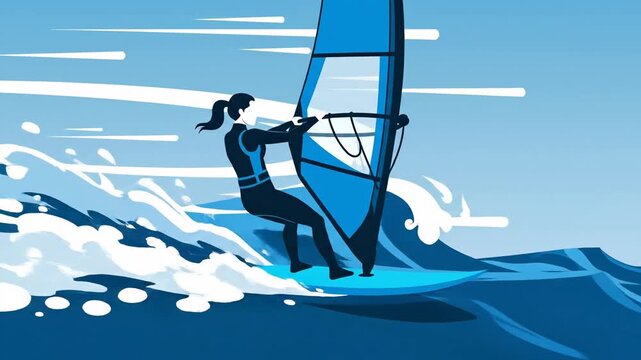 Windsurfing Action: Surfer Skillfully Navigates Waves under the Summer Sky