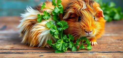 Fluffy guinea pig nibbling fresh parsley on rustic brown wood, background, fluffy