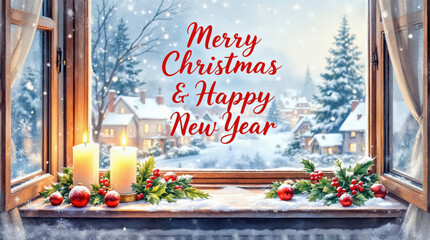 Merry Christmas and Happy New Year greeting with cozy window view of snowy winter village scene with candles