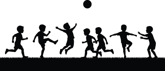 Happy Children Playing Soccer or Football Outdoors, Silhouette Vector Illustration of Boys Kicking a Ball on Grass, Childhood Fun, Games, and Healthy Activity