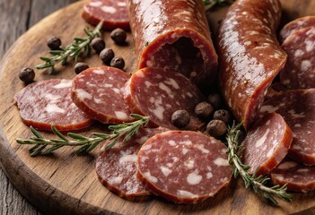 Artisan salami on wooden board with thyme and peppercorns, rustic charcuterie spread