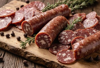 Artisan salami on wooden board with thyme and peppercorns, rustic charcuterie spread