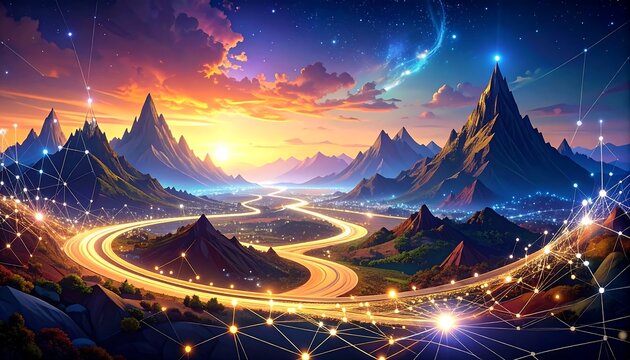 Futuristic mountain landscape at sunset with connecting digital networks - Powered by Adobe