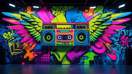 A vibrant graffiti background with neon colors, abstract figures, stylized wings, and a cassette player. A dynamic street art style that blends nostalgia with 90s mixtape.